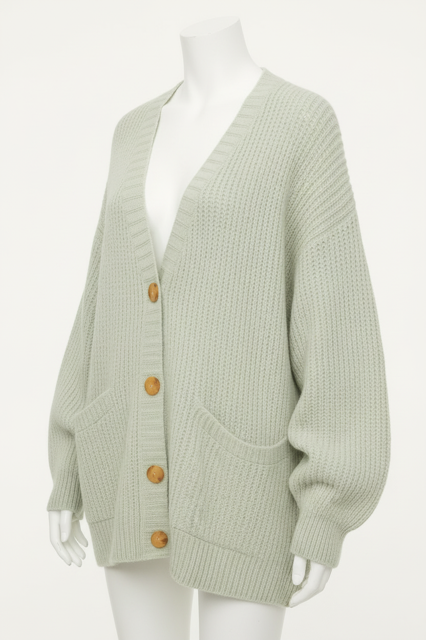 Pale Green Cardigan - Three-Quarter View Studio