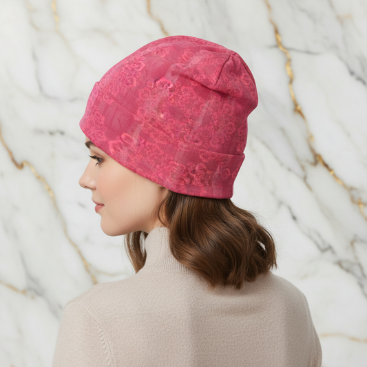 Pink Floral Knitted Hat - Back View