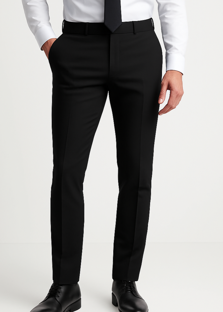 Professional studio shot focusing on black slim-fit trousers