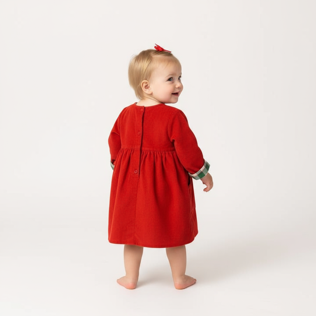Studio back view of baby in red dress
