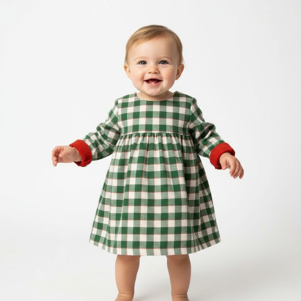 Studio front view of baby in plaid dress