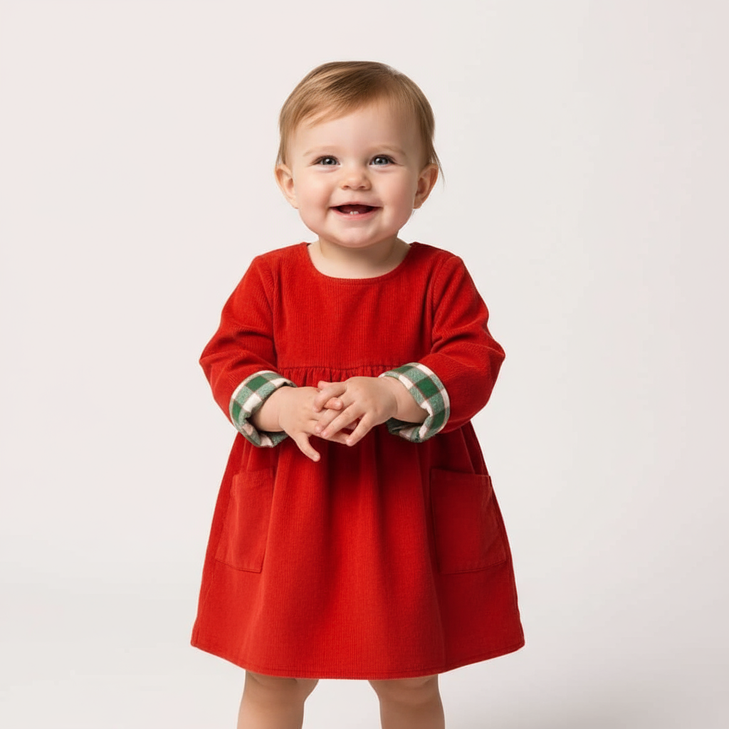 Studio front view of baby in red dress