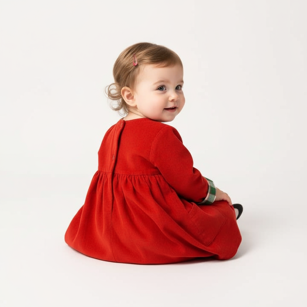 Studio three-quarter back view of baby in red dress