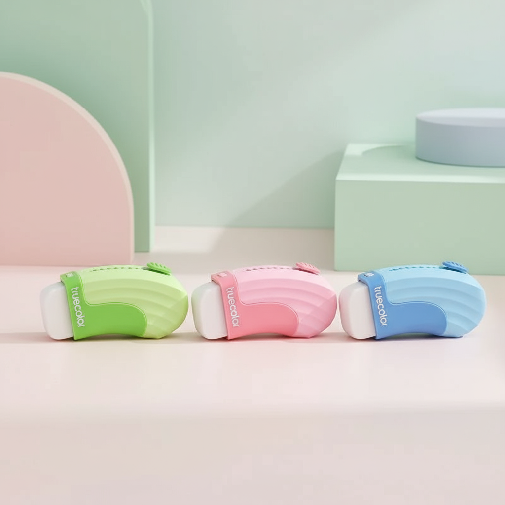 Three erasers flat on pastel-toned table