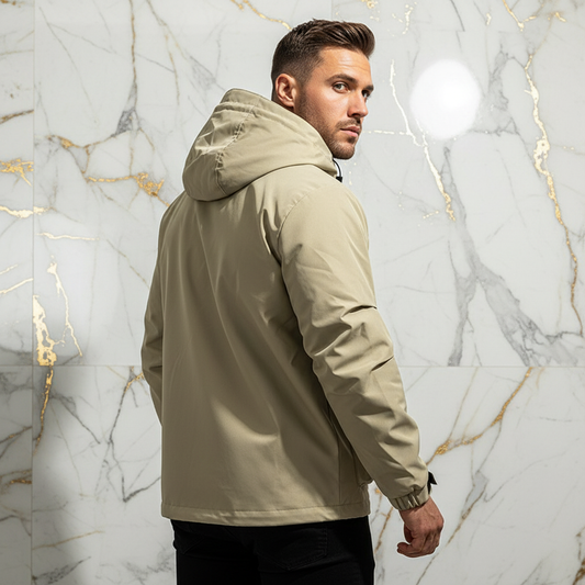 Three-quarter back angle - athletic man in khaki jacket