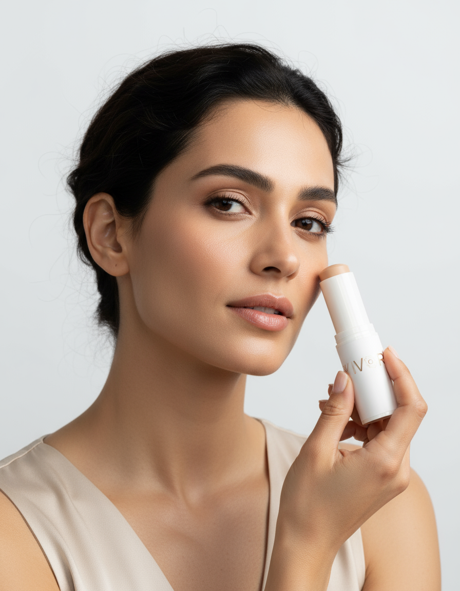 Woman applying sun protection to cheekbone