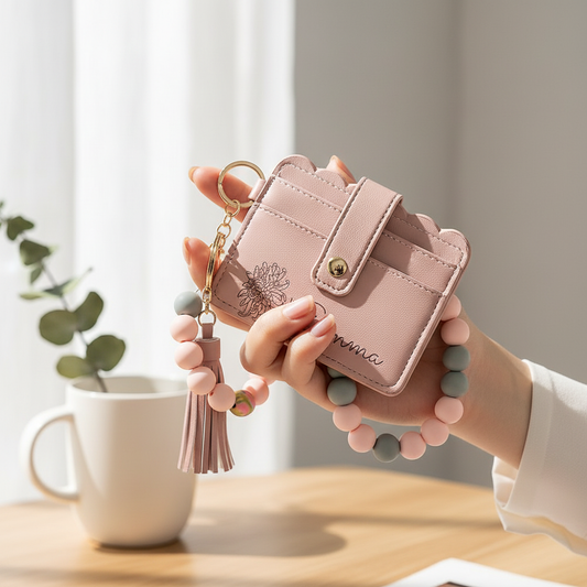 Woman holding blush pink wallet