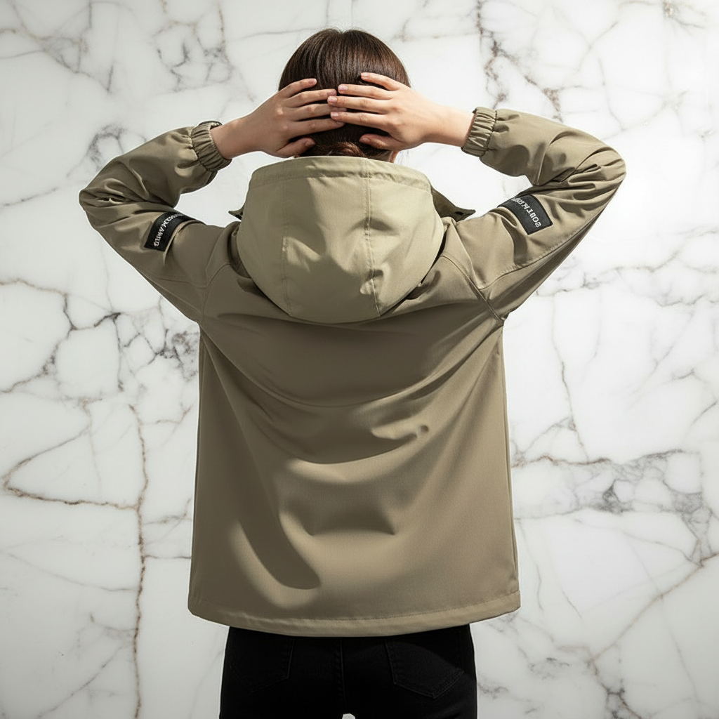 Woman in Khaki Jacket Back View Hands on Head