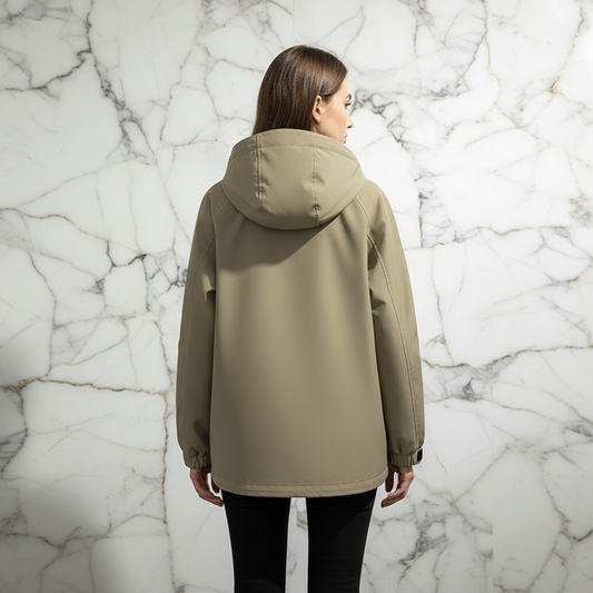 Woman in Khaki Jacket Straight Back View