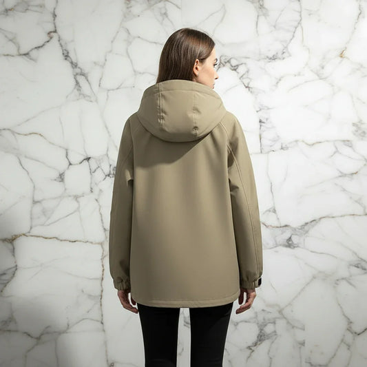 Woman in Khaki Jacket Straight Back View
