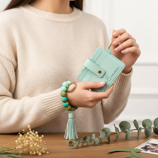 Woman using wallet with floral styling