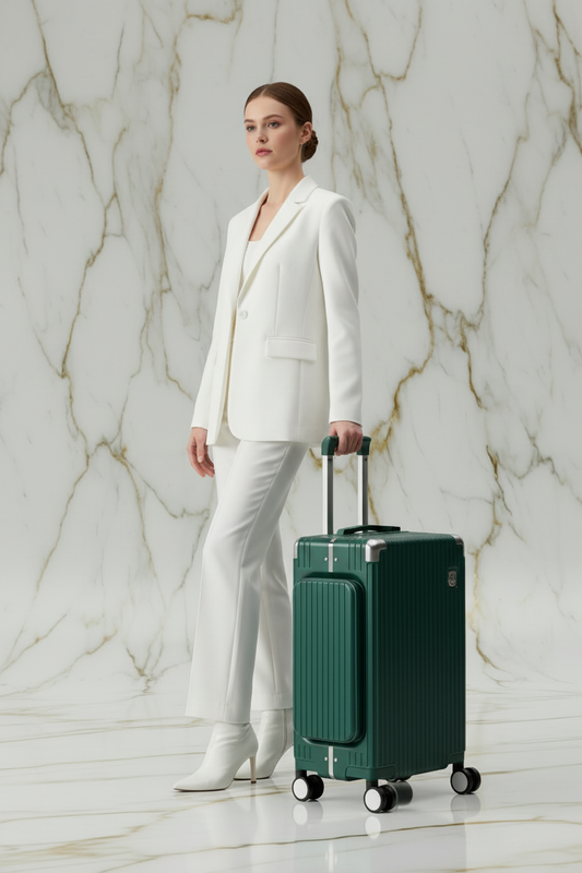 Woman with luggage front angle