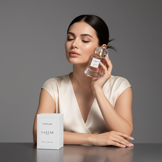Woman with perfume gray backdrop