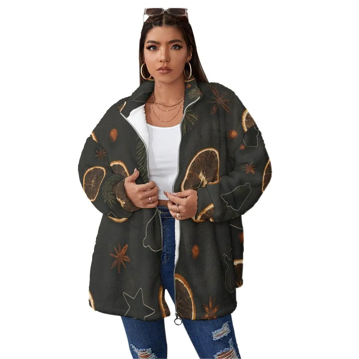 Borg Fleece Coat With Zipper Closure - Dark Gray - IVORYNN