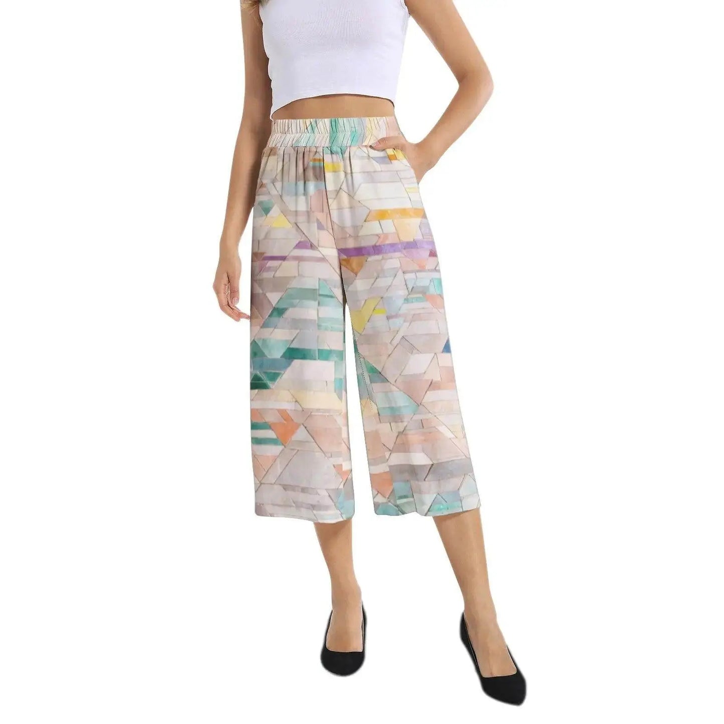 Elastic Waist Capris Wide Leg Pant - Colorful - IVORYNN