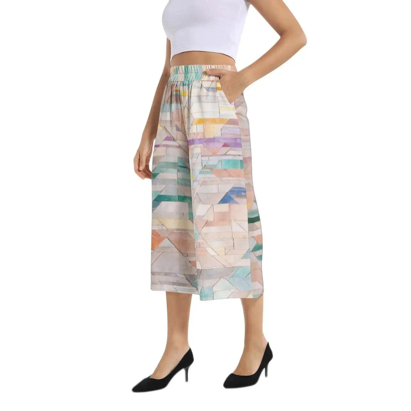 Elastic Waist Capris Wide Leg Pant - Colorful - IVORYNN
