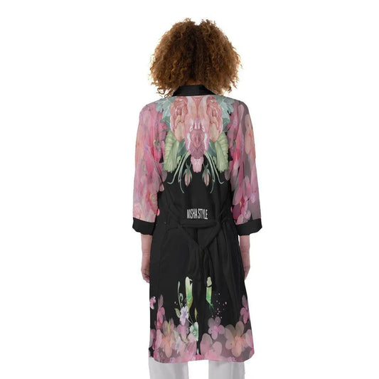Floral Black Satin Kimono Robe - IVORYNN