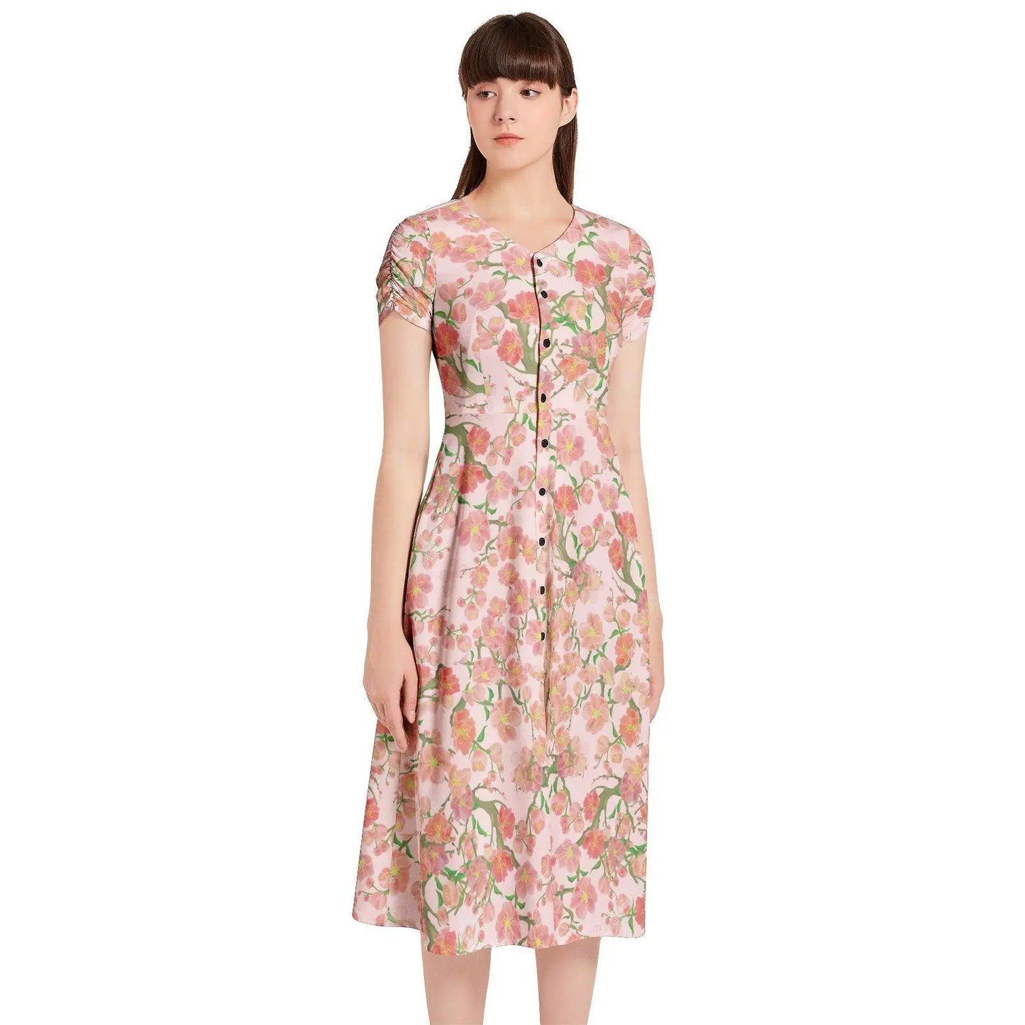 Floral Puff Sleeve Button Through Dress - IVORYNN