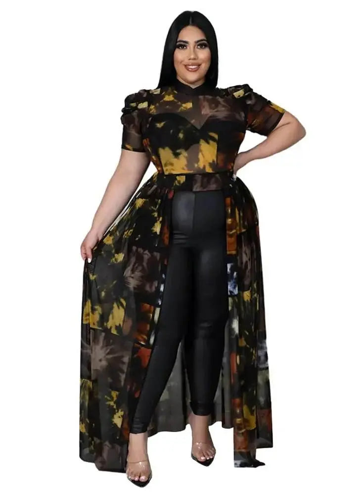 Plus Size Sexy Chiffon Puff Short Sleeve Mesh Tops - IVORYNN