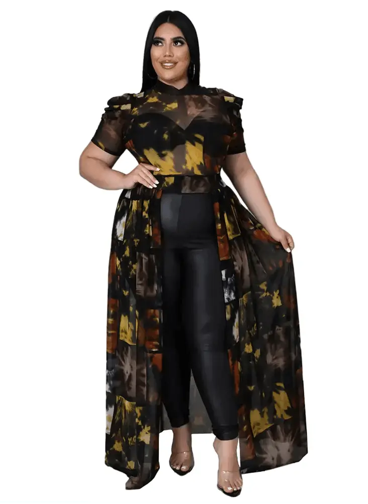 Plus Size Sexy Chiffon Puff Short Sleeve Mesh Tops - IVORYNN