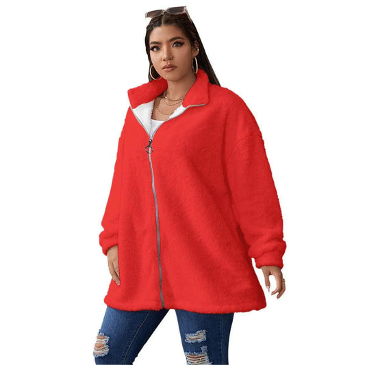 Red Borg Fleece Coat With Zipper Closure - IVORYNN