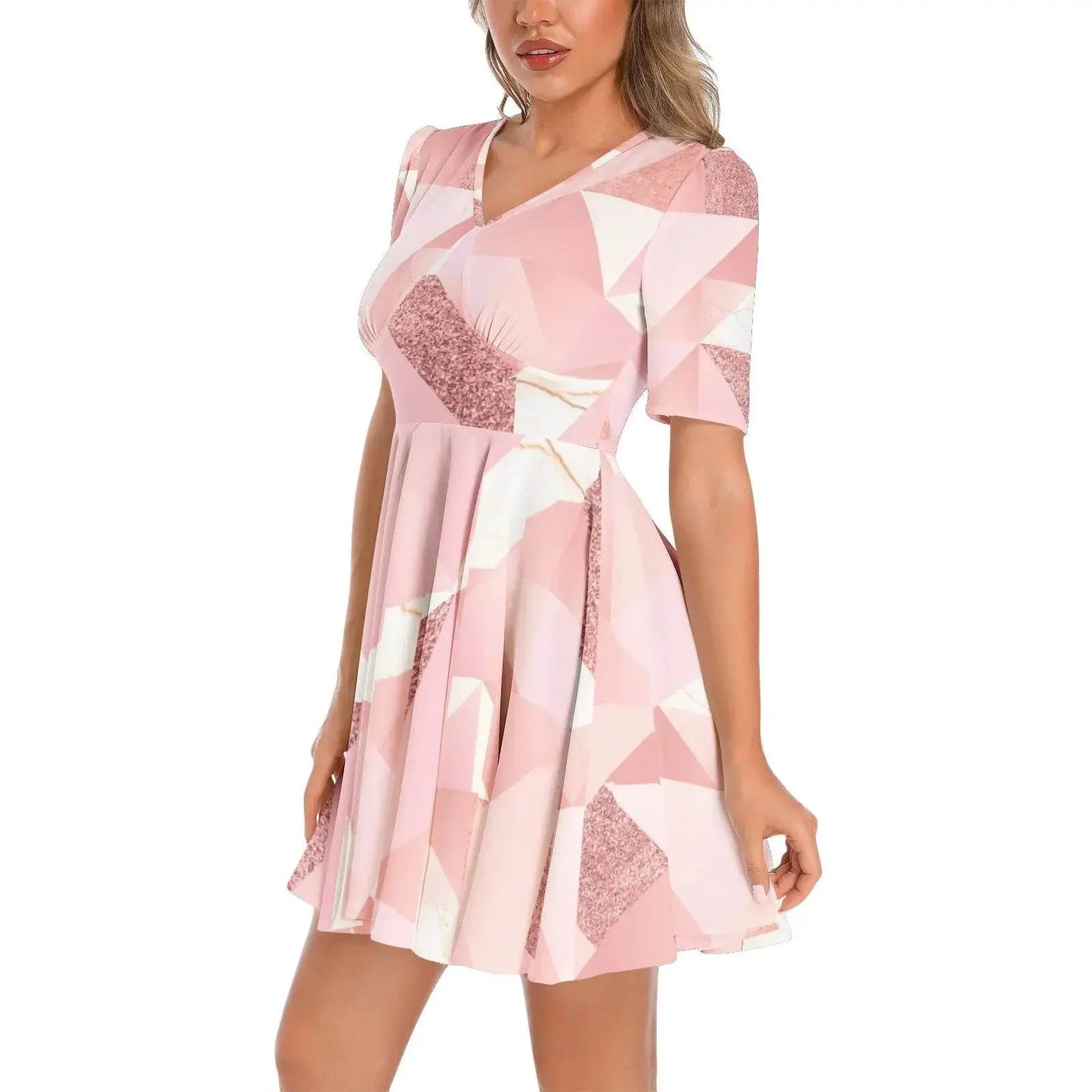 Short Sleeve Ruched Bust Flared Hem Dress - IVORYNN