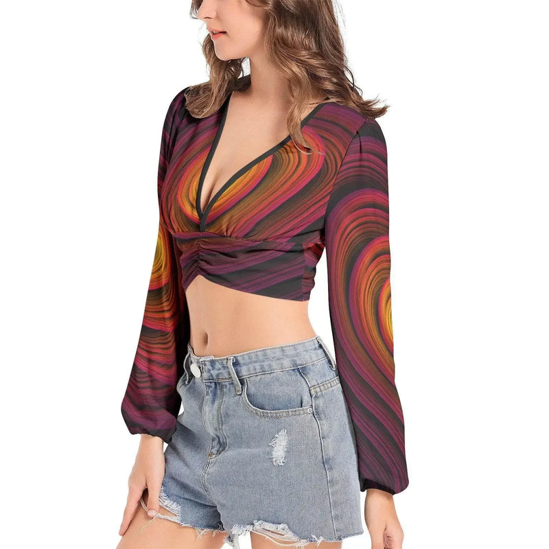 Women's Deep V-Neck Sleeve Crop Top - Fire - IVORYNN