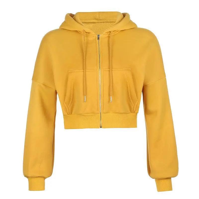 Drawstring Active Full Zip Up Hoodie - Yellow - Mishastyle