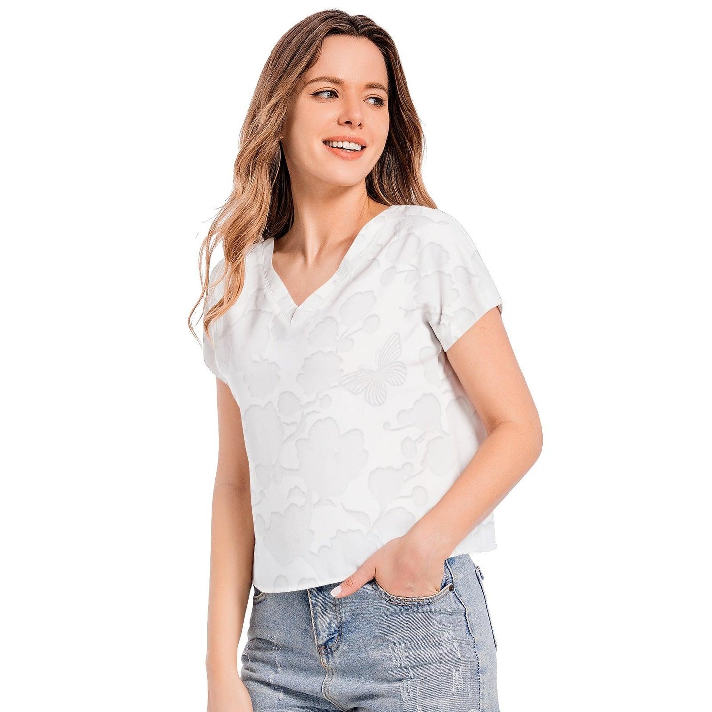 Floral Batwing Sleeve V-Neck Top - White - Mishastyle