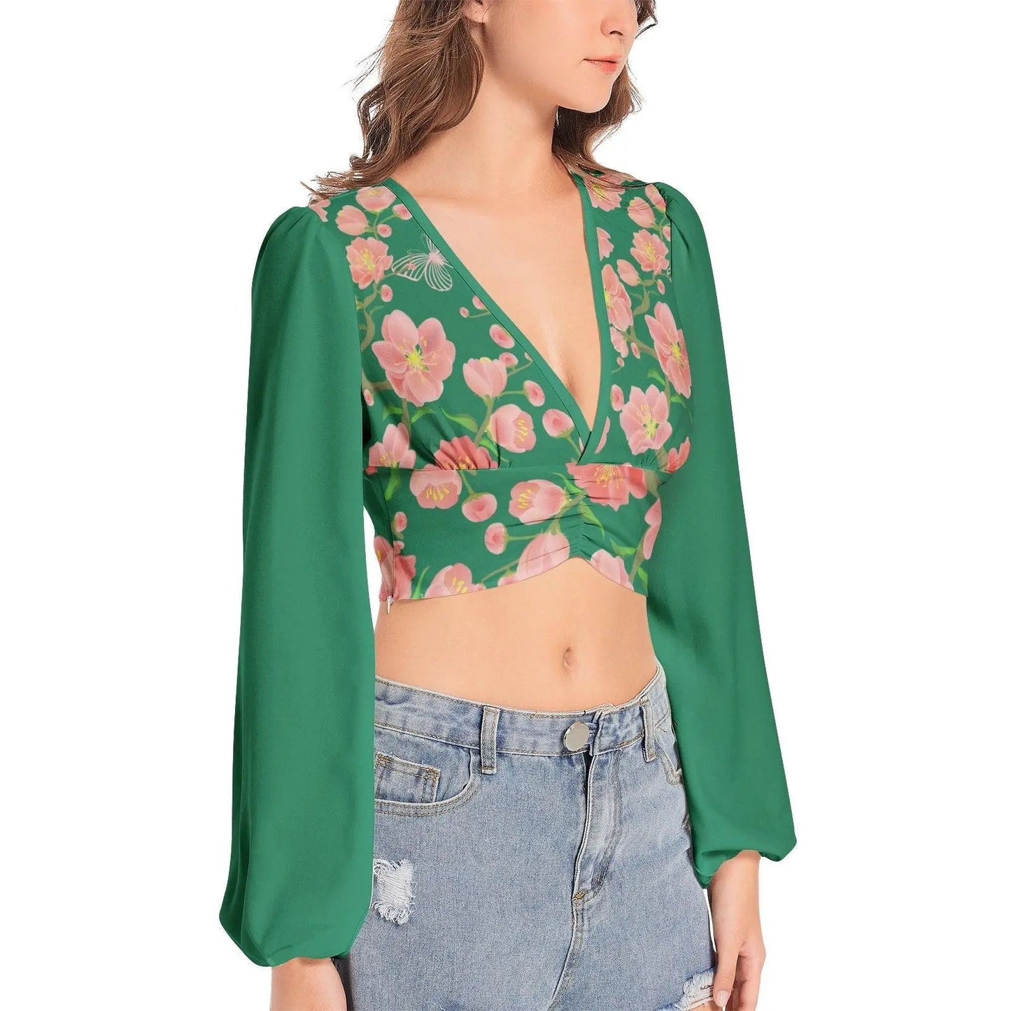 Misha Vintage Deep V-Neck Crop Top - Garden - Mishastyle