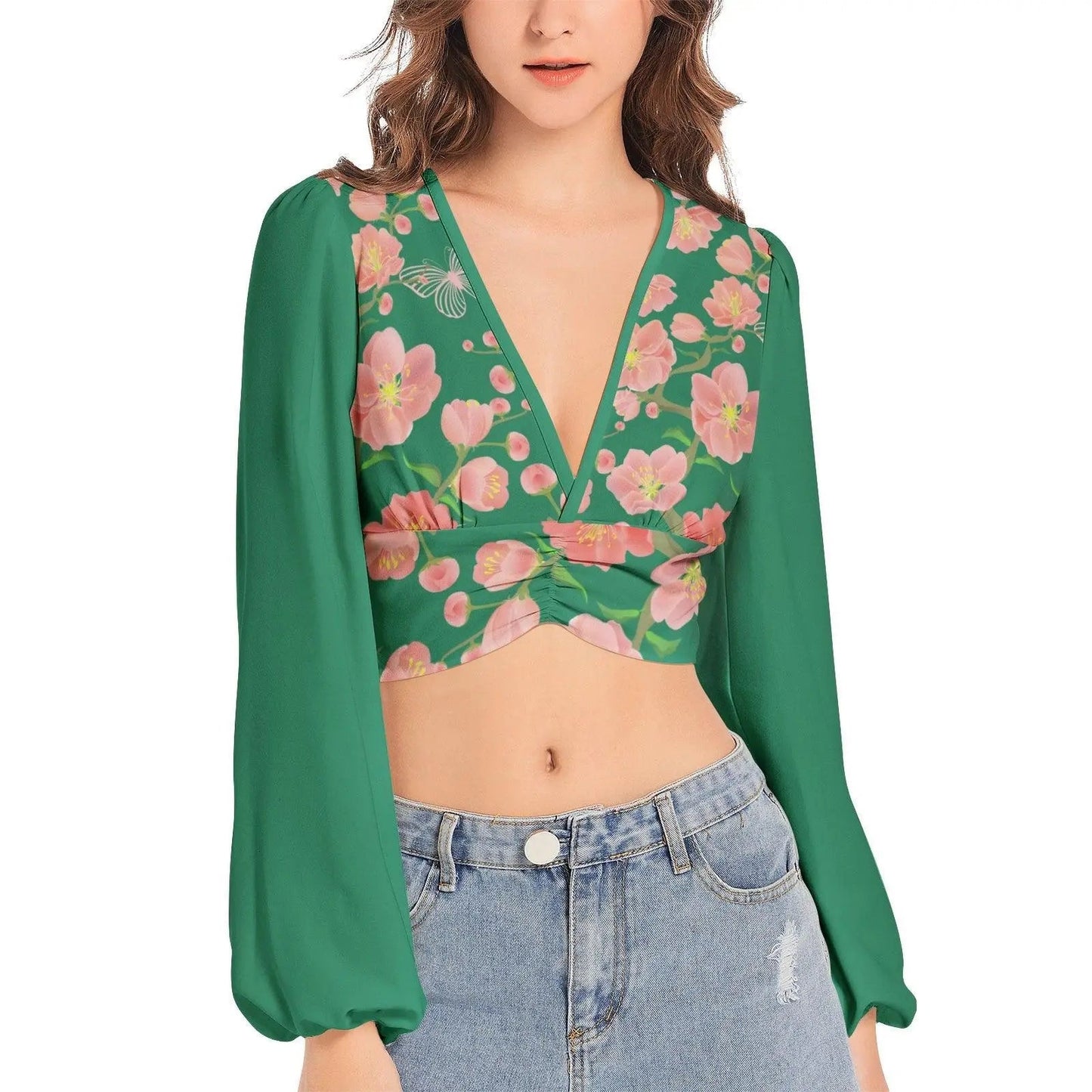 Misha Vintage Deep V-Neck Crop Top - Garden - Mishastyle