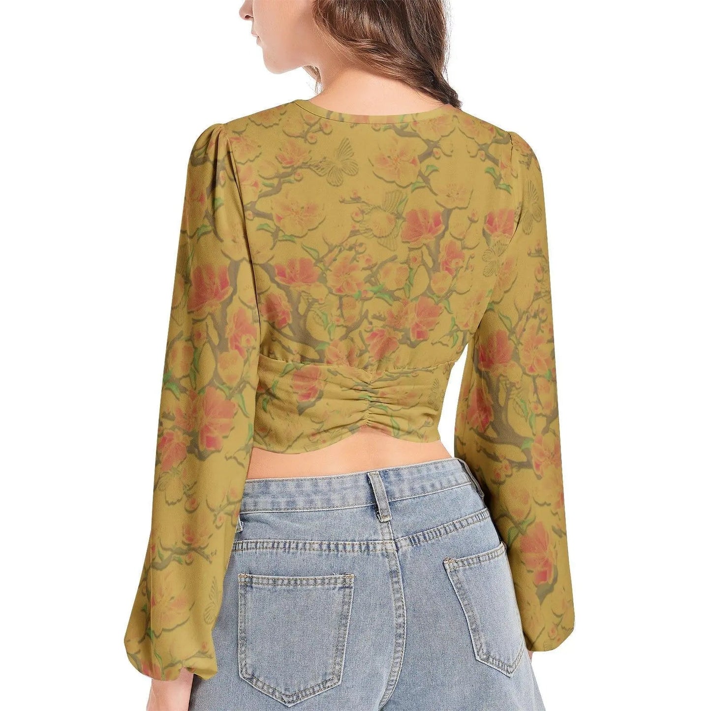 Misha Vintage Deep V-Neck Lantern Sleeve Crop Top - Mishastyle