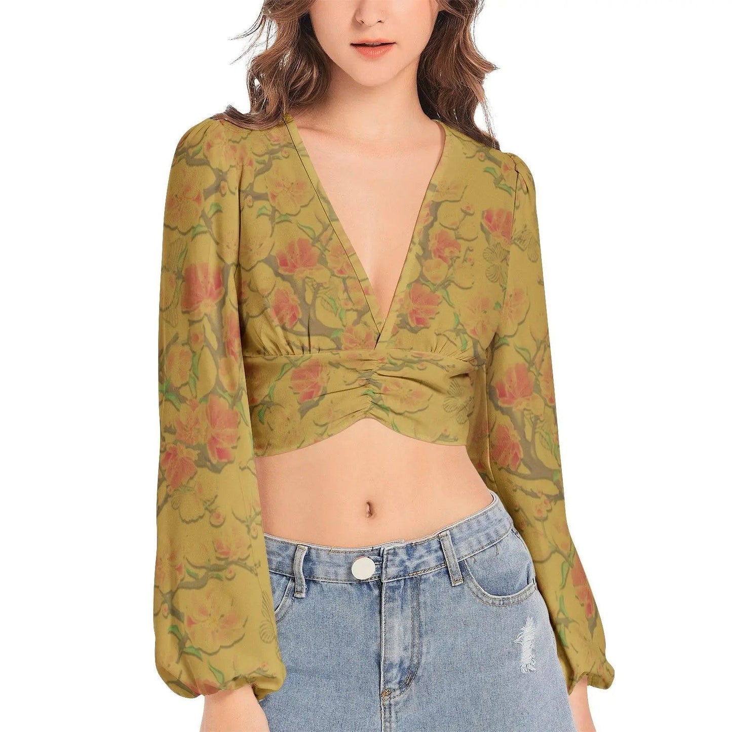 Misha Vintage Deep V-Neck Lantern Sleeve Crop Top - Mishastyle
