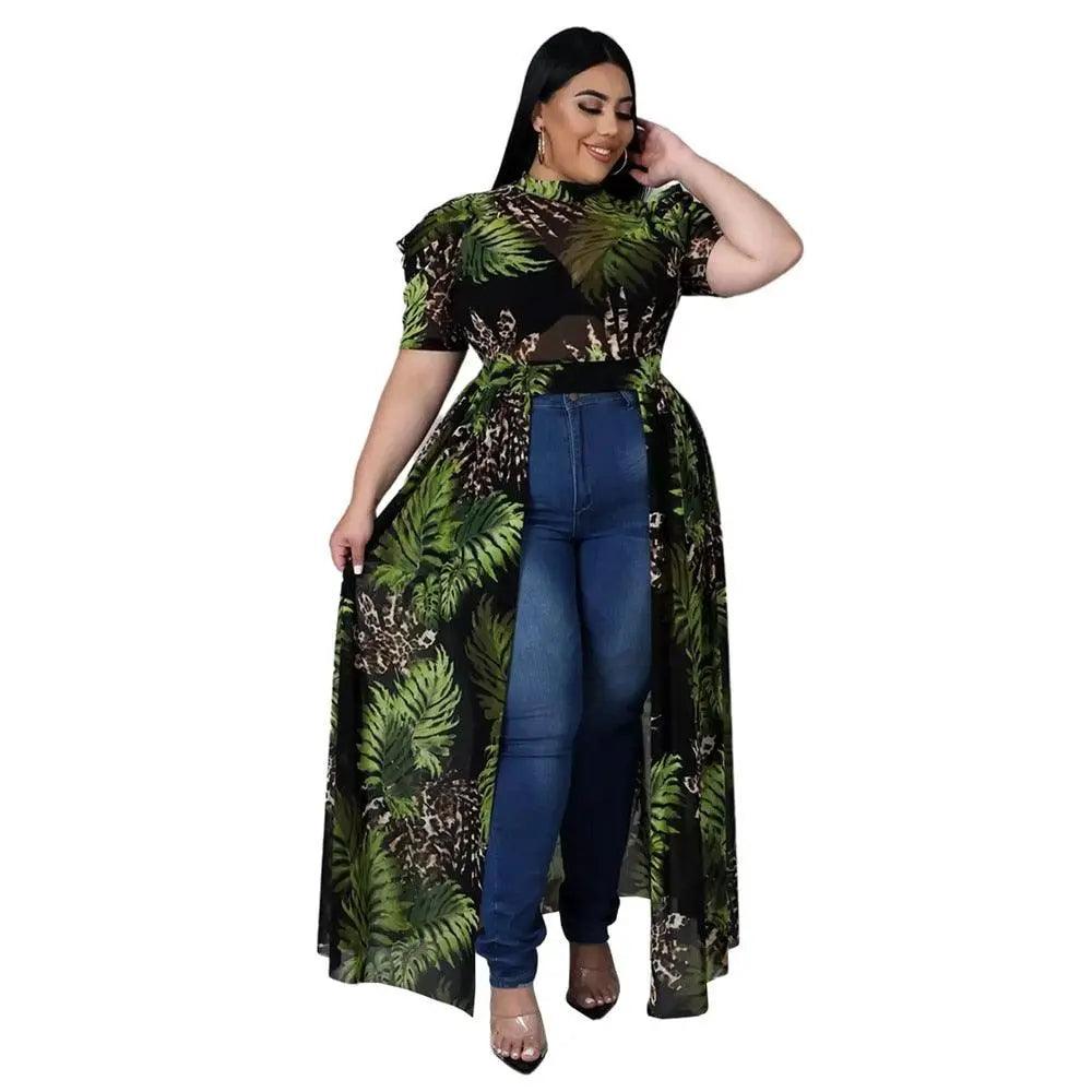 Plus Size Sexy Chiffon Puff Short Sleeve Mesh Tops - Mishastyle