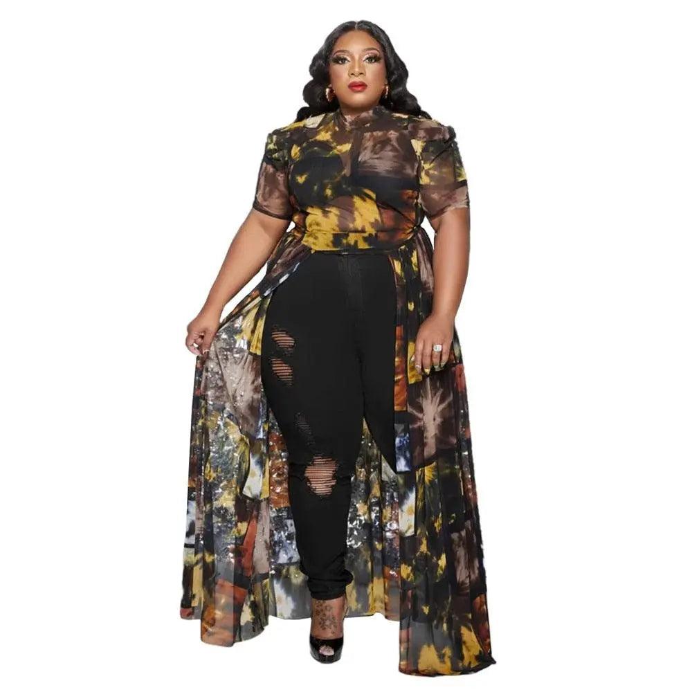 Plus Size Sexy Chiffon Puff Short Sleeve Mesh Tops - Mishastyle
