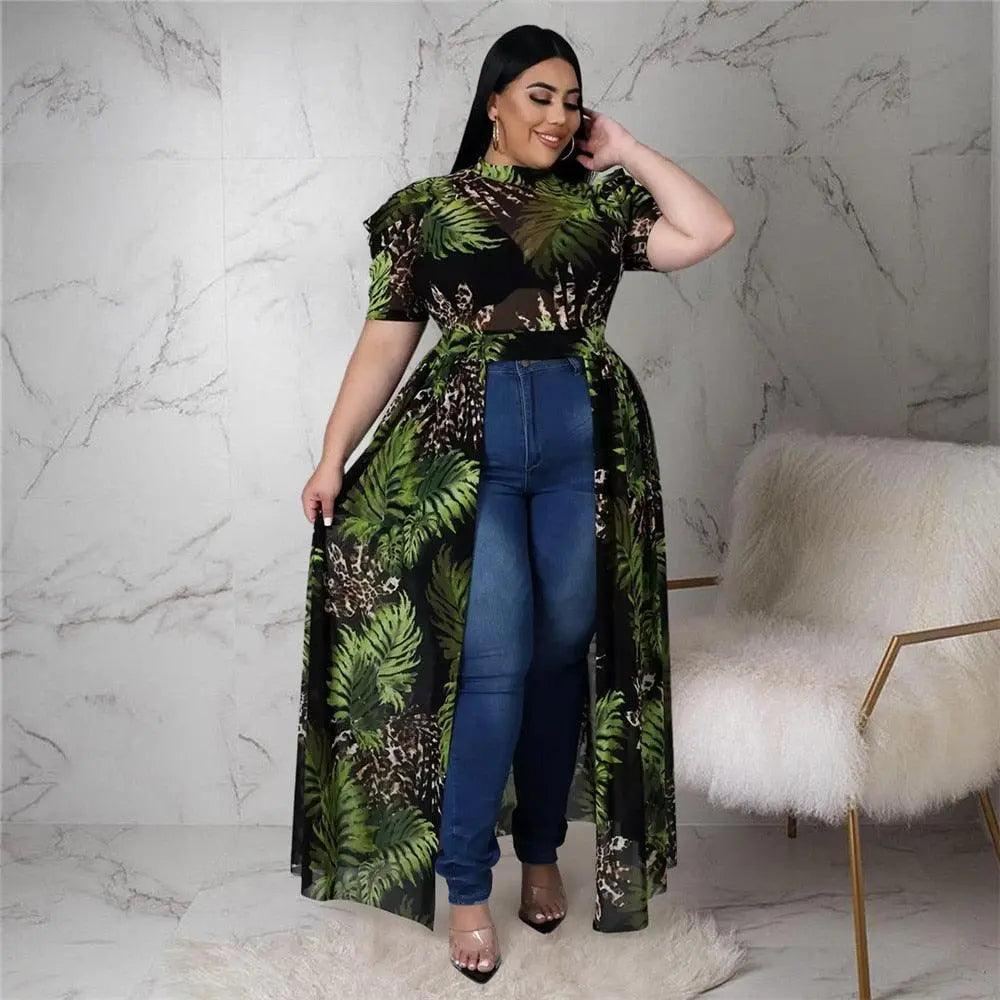 Plus Size Sexy Chiffon Puff Short Sleeve Mesh Tops - Mishastyle