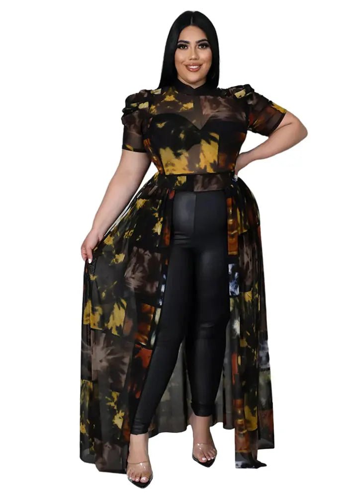 Plus Size Sexy Chiffon Puff Short Sleeve Mesh Tops - Mishastyle