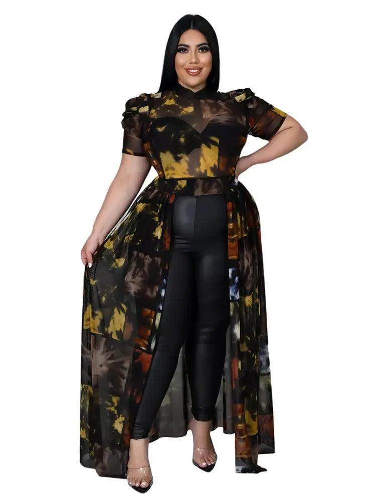 Plus Size Sexy Chiffon Puff Short Sleeve Mesh Tops - Mishastyle
