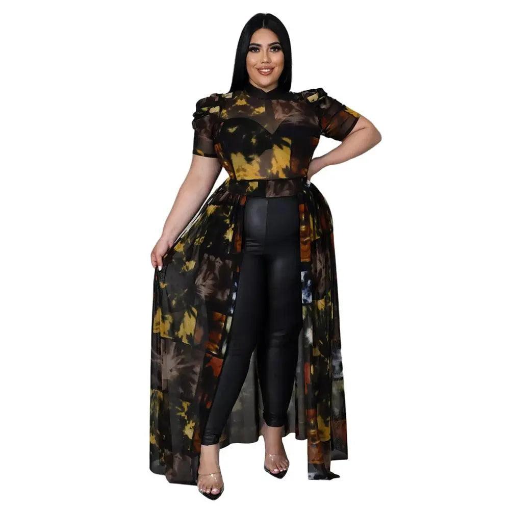 Plus Size Sexy Chiffon Puff Short Sleeve Mesh Tops - Mishastyle