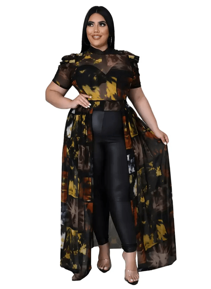 Plus Size Sexy Chiffon Puff Short Sleeve Mesh Tops - Mishastyle