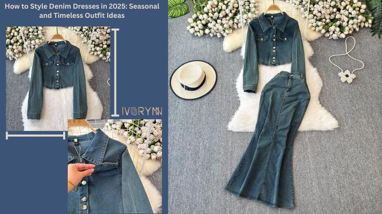 Stylish denim jacket and long dress set for women on display with floral decor, Ivorynn fashion
