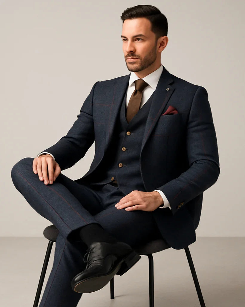 Man in a tailored navy suit with brown tie and dress shoes, sitting on a chair, stylish menswear Ivorynn