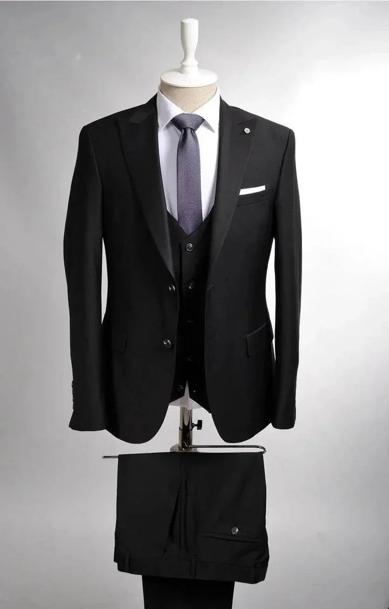 Men's black formal suit set with jacket, trousers, vest and tie on mannequin, Ivorynn fashion