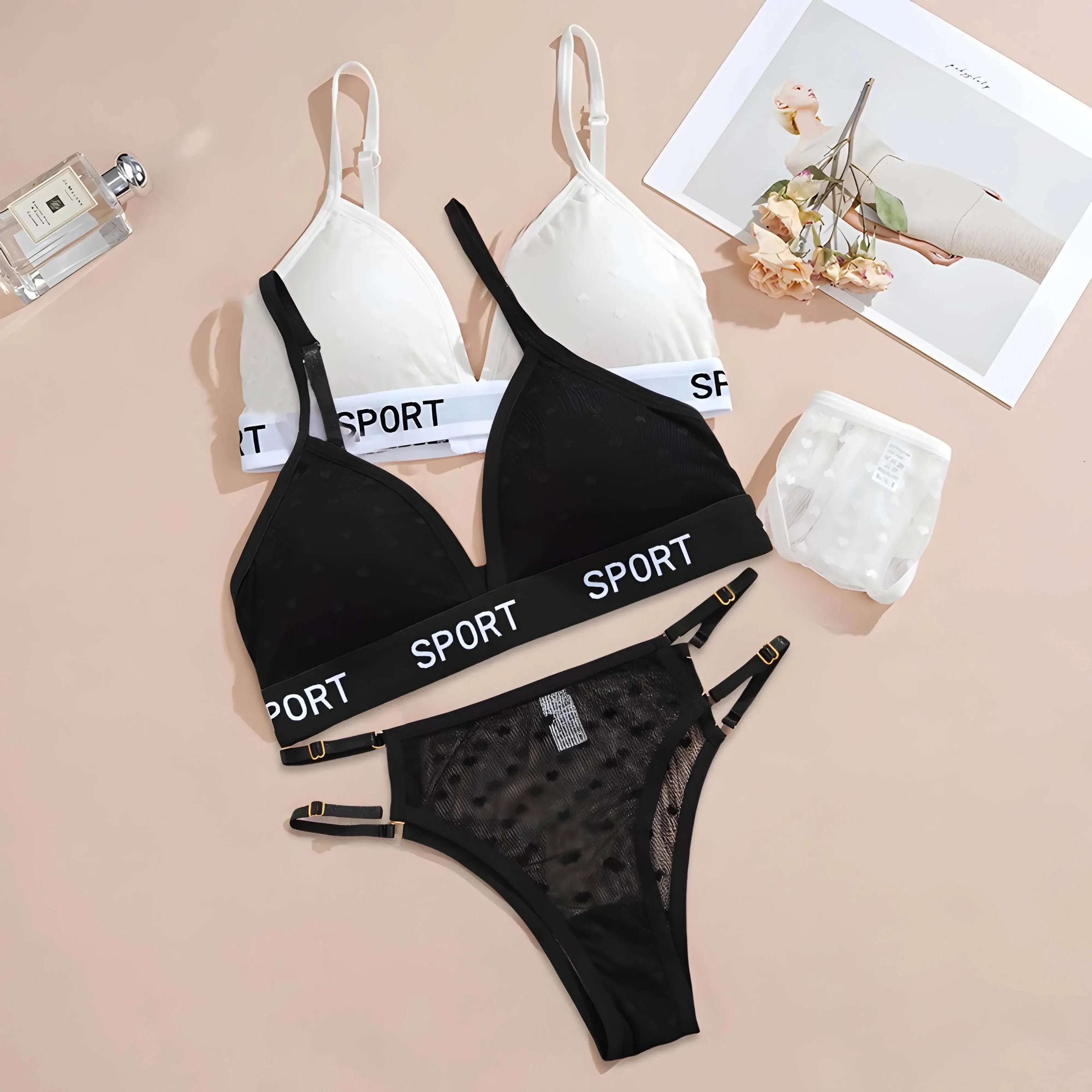 Ivorynn women's lingerie set with black and white sport bralettes and matching underwear on flat lay
