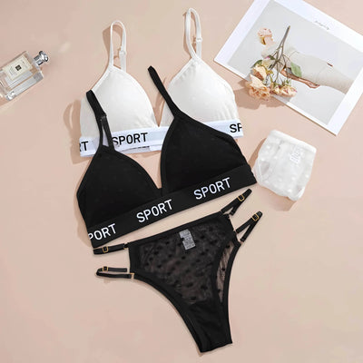 Ivorynn women's lingerie set with black and white sport bralettes and matching underwear on flat lay