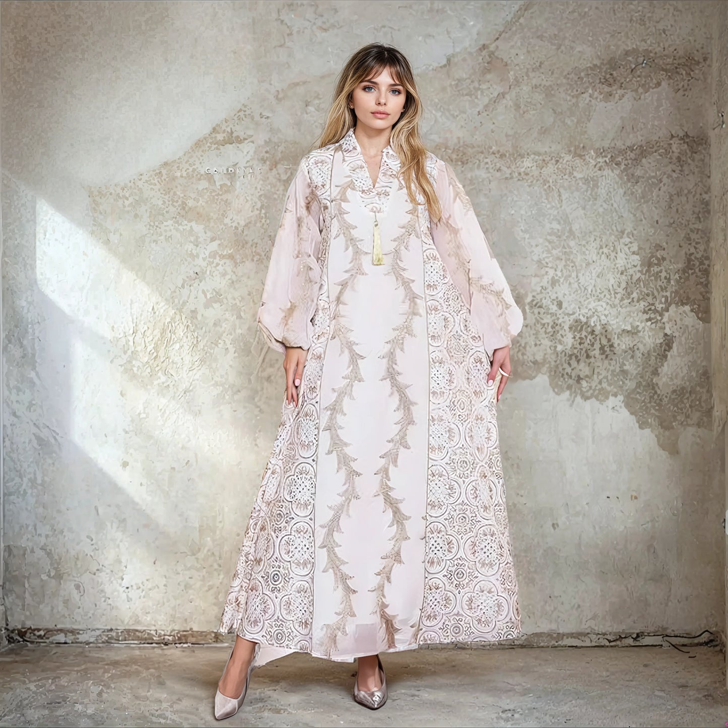 Elegant Muslim Embroidered Robe Dress - Loose Fit, V-Neck, Bishop Sleeves