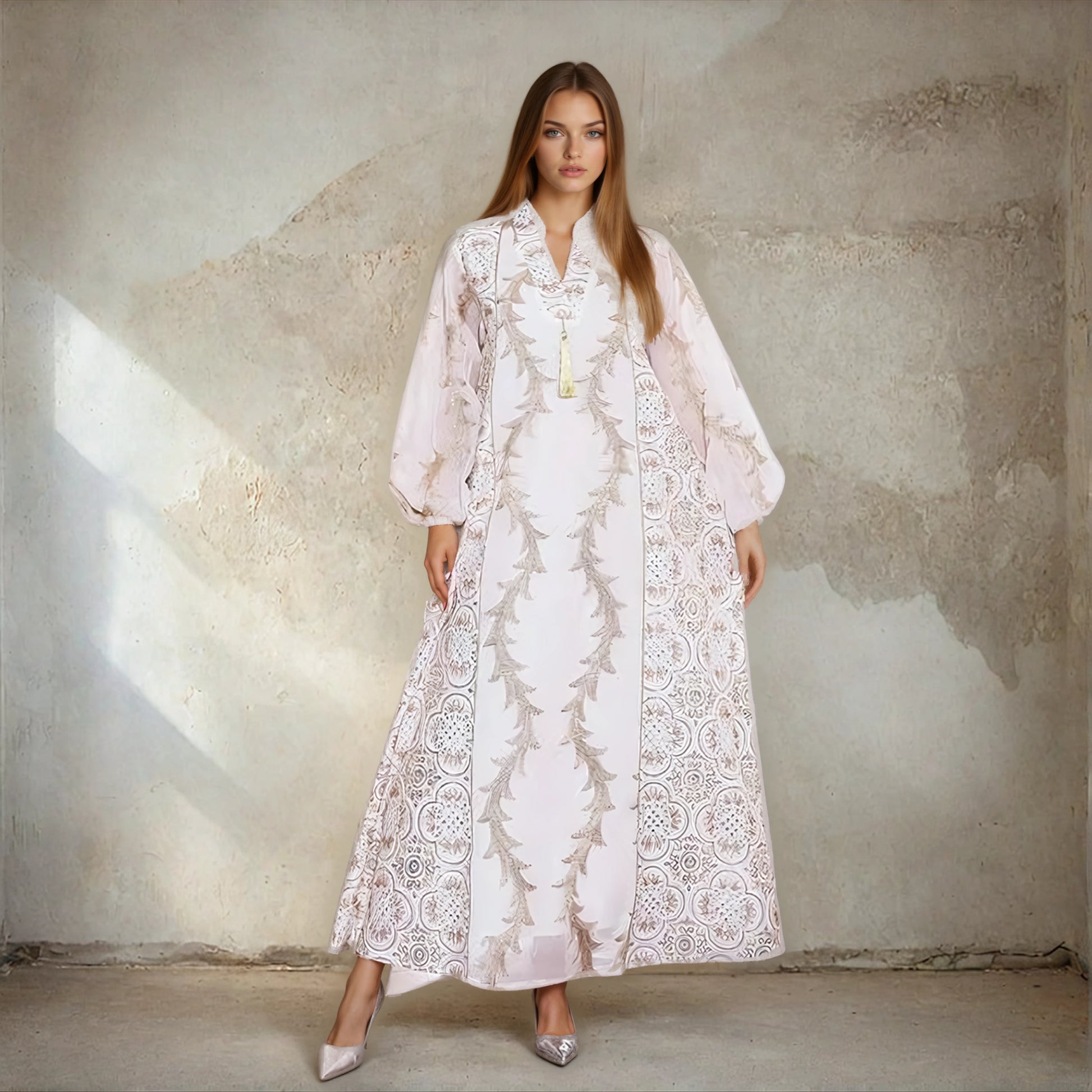 Elegant Muslim Embroidered Robe Dress - Loose Fit, V-Neck, Bishop Sleeves