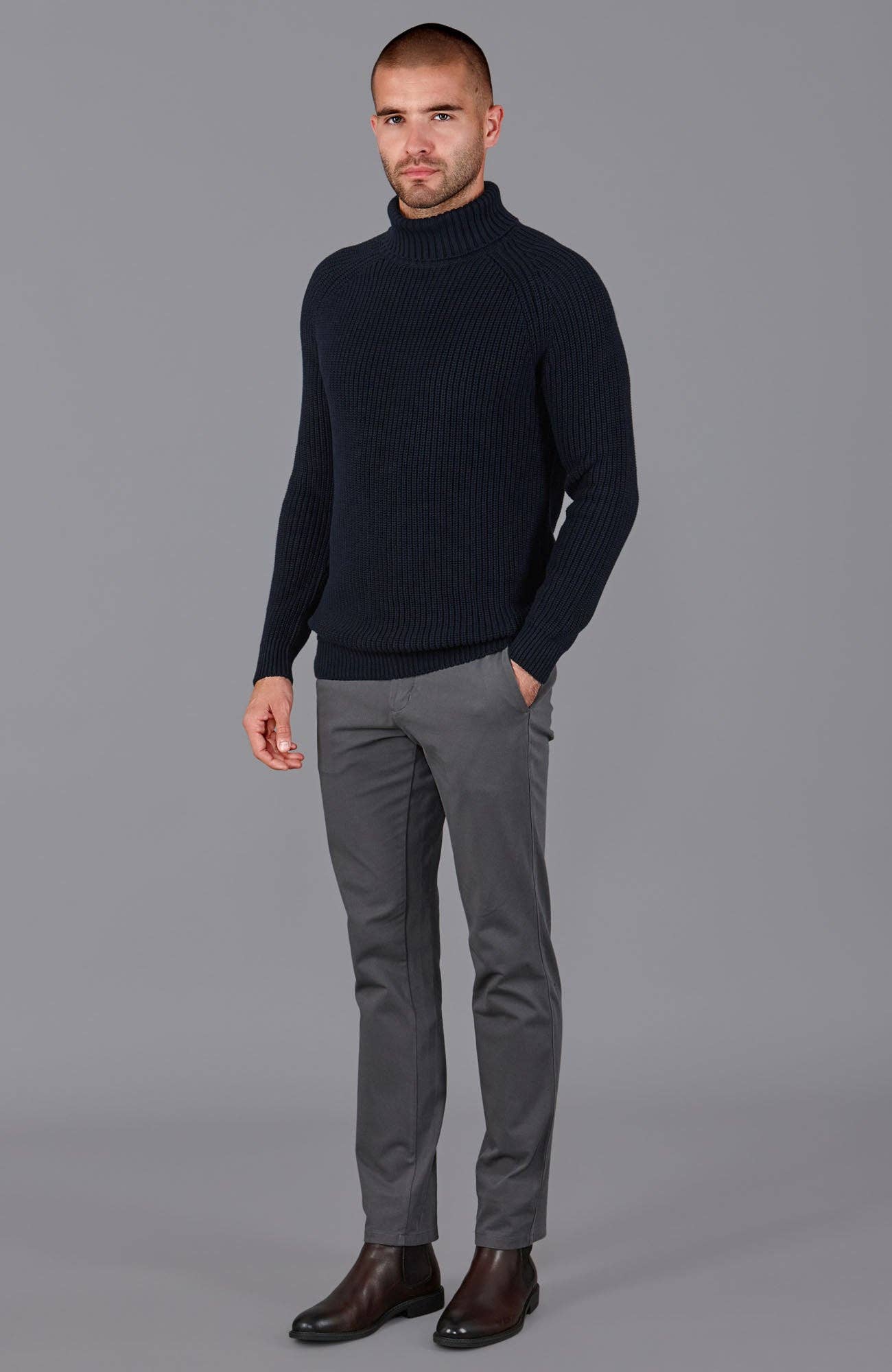 Men's Midweight Cotton Fisherman Rib Knit Roll Neck Jumper Sweater