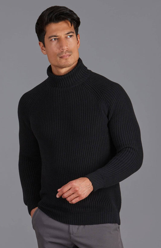 Men's Midweight Cotton Fisherman Rib Knit Roll Neck Jumper Sweater