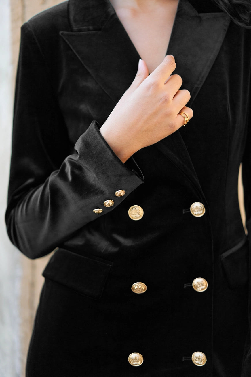 Luxury Velvet Double Breasted Black Dress Jacket Gold Buttons